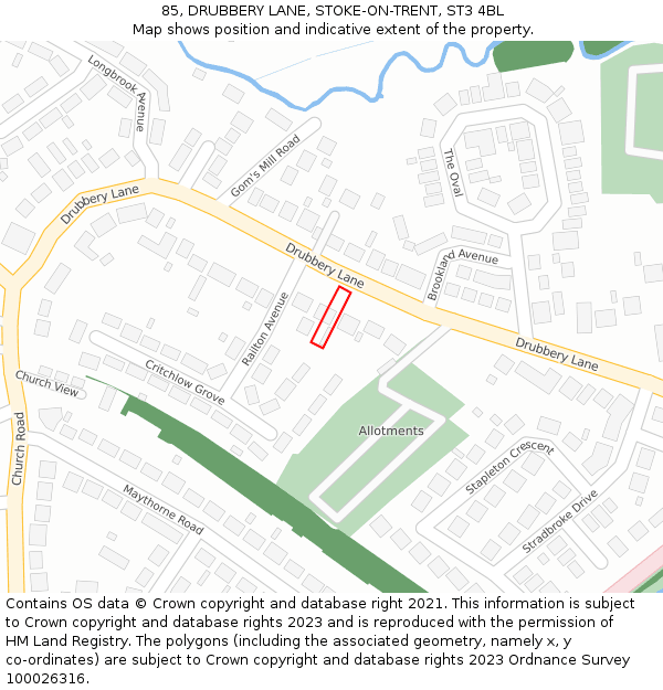 85, DRUBBERY LANE, STOKE-ON-TRENT, ST3 4BL: Location map and indicative extent of plot