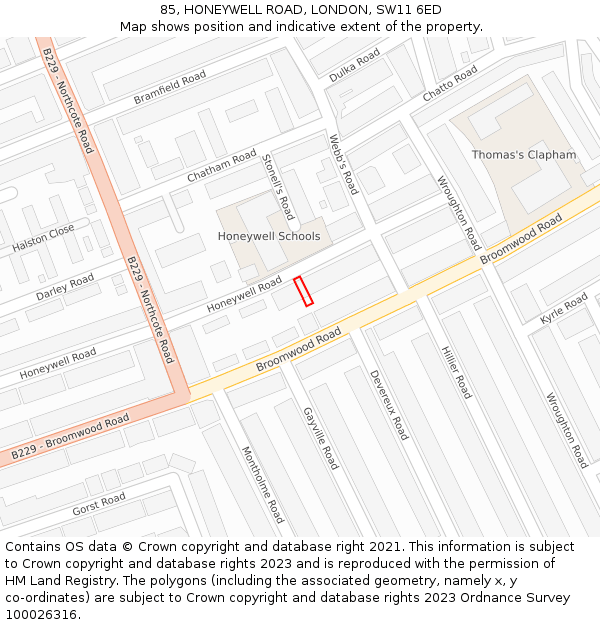 85, HONEYWELL ROAD, LONDON, SW11 6ED: Location map and indicative extent of plot