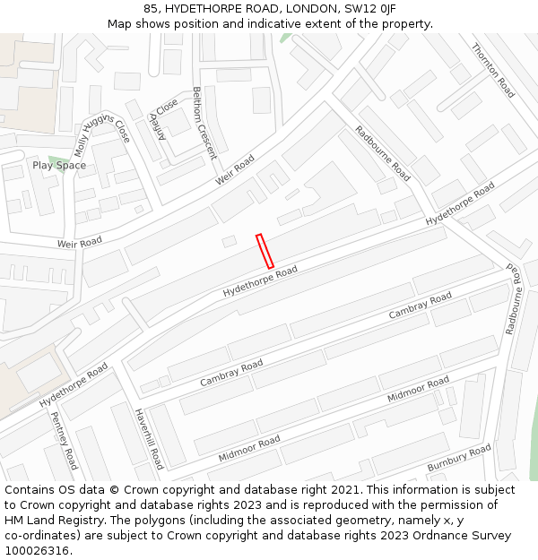 85, HYDETHORPE ROAD, LONDON, SW12 0JF: Location map and indicative extent of plot