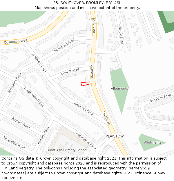 85, SOUTHOVER, BROMLEY, BR1 4SL: Location map and indicative extent of plot