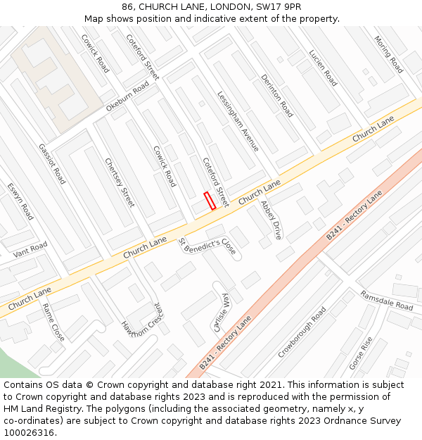 86, CHURCH LANE, LONDON, SW17 9PR: Location map and indicative extent of plot