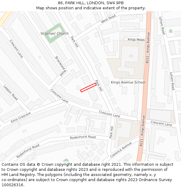 86, PARK HILL, LONDON, SW4 9PB: Location map and indicative extent of plot