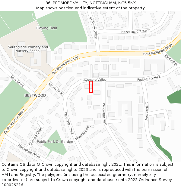 86, PEDMORE VALLEY, NOTTINGHAM, NG5 5NX: Location map and indicative extent of plot