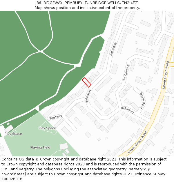 86, RIDGEWAY, PEMBURY, TUNBRIDGE WELLS, TN2 4EZ: Location map and indicative extent of plot