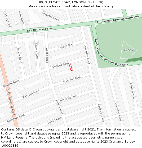86, SHELGATE ROAD, LONDON, SW11 1BQ: Location map and indicative extent of plot