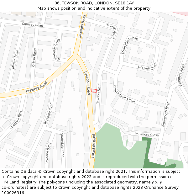 86, TEWSON ROAD, LONDON, SE18 1AY: Location map and indicative extent of plot