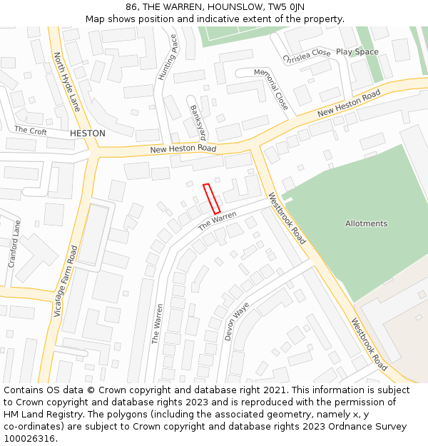 86, THE WARREN, HOUNSLOW, TW5 0JN: Location map and indicative extent of plot