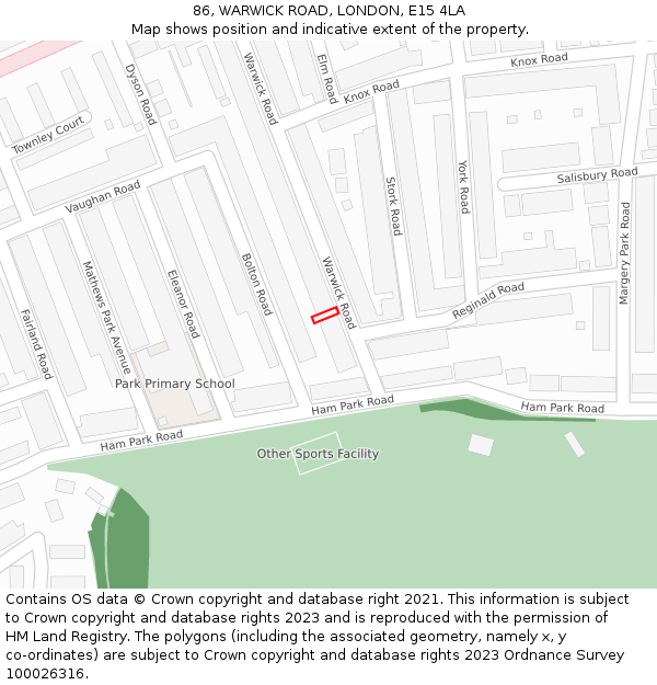 86, WARWICK ROAD, LONDON, E15 4LA: Location map and indicative extent of plot