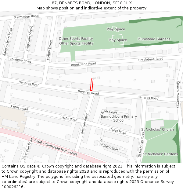 87, BENARES ROAD, LONDON, SE18 1HX: Location map and indicative extent of plot