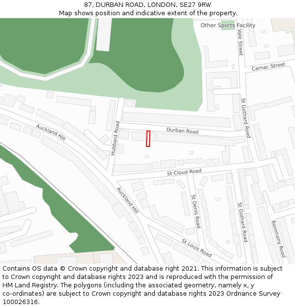 87, DURBAN ROAD, LONDON, SE27 9RW: Location map and indicative extent of plot