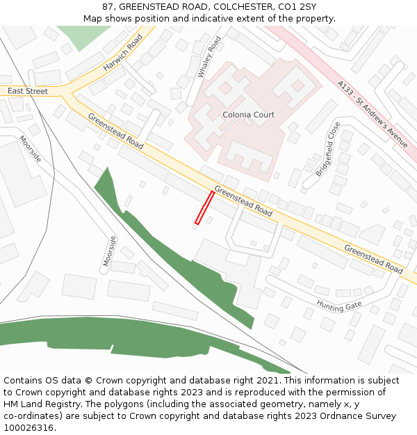 87, GREENSTEAD ROAD, COLCHESTER, CO1 2SY: Location map and indicative extent of plot