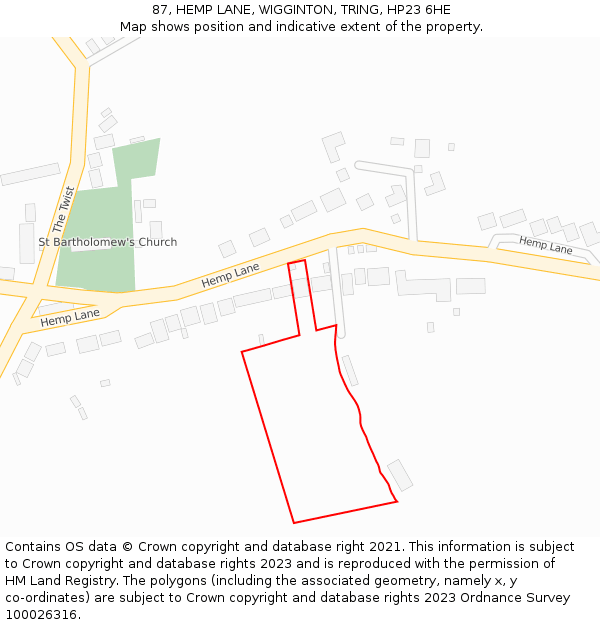 87, HEMP LANE, WIGGINTON, TRING, HP23 6HE: Location map and indicative extent of plot