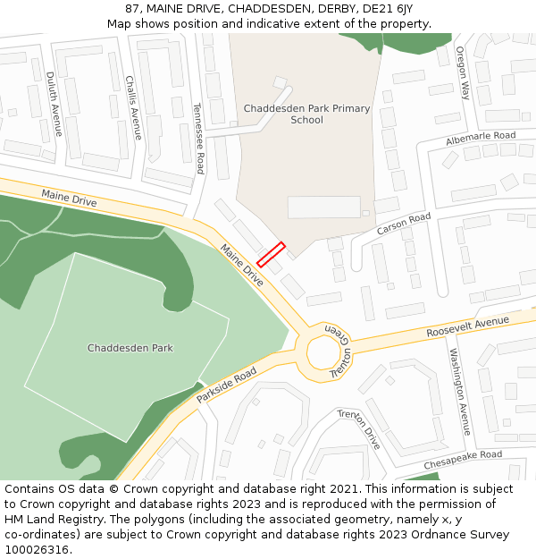 87, MAINE DRIVE, CHADDESDEN, DERBY, DE21 6JY: Location map and indicative extent of plot