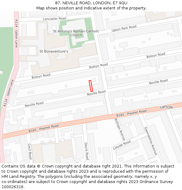 87, NEVILLE ROAD, LONDON, E7 9QU: Location map and indicative extent of plot