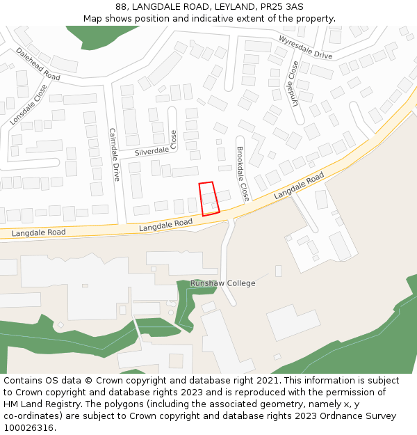 88, LANGDALE ROAD, LEYLAND, PR25 3AS: Location map and indicative extent of plot