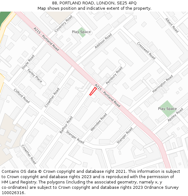 88, PORTLAND ROAD, LONDON, SE25 4PQ: Location map and indicative extent of plot