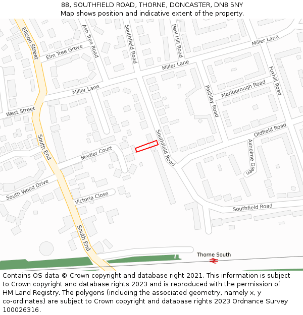 88, SOUTHFIELD ROAD, THORNE, DONCASTER, DN8 5NY: Location map and indicative extent of plot