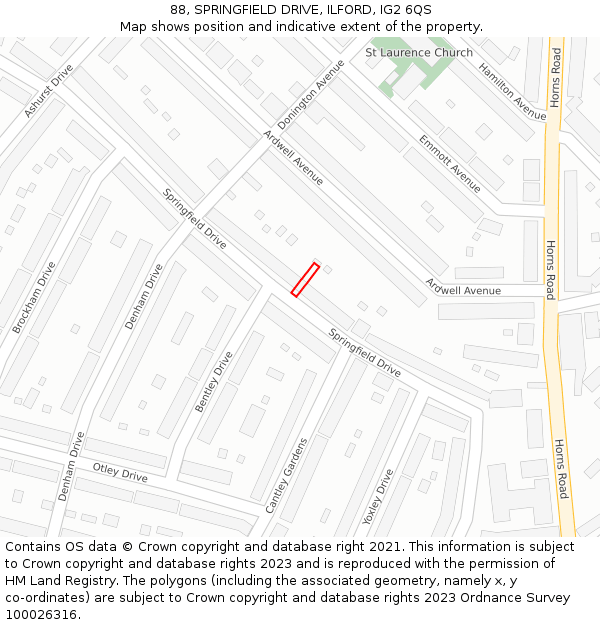88, SPRINGFIELD DRIVE, ILFORD, IG2 6QS: Location map and indicative extent of plot