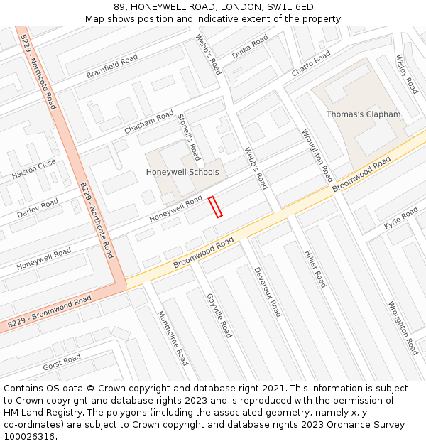 89, HONEYWELL ROAD, LONDON, SW11 6ED: Location map and indicative extent of plot