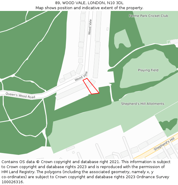 89, WOOD VALE, LONDON, N10 3DL: Location map and indicative extent of plot