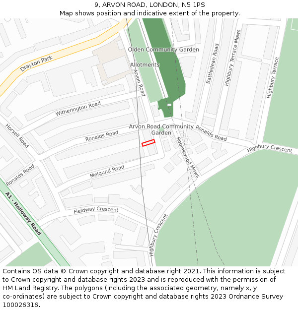 9, ARVON ROAD, LONDON, N5 1PS: Location map and indicative extent of plot
