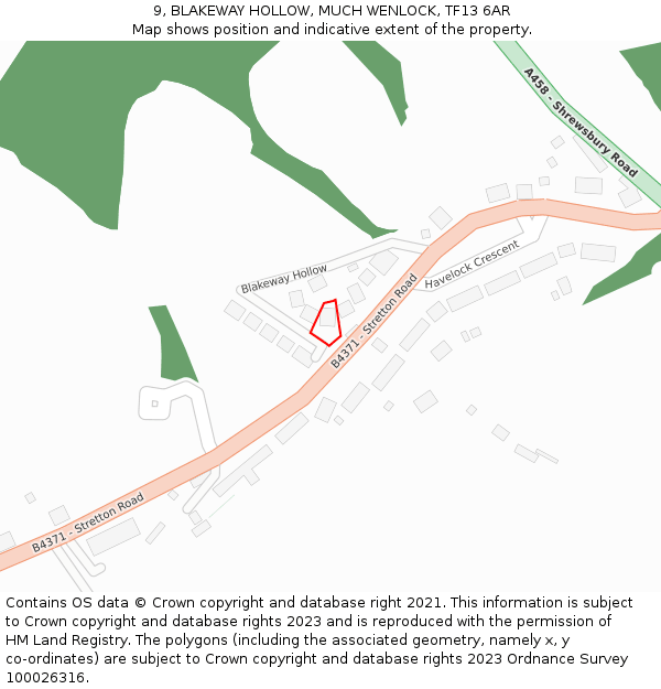9, BLAKEWAY HOLLOW, MUCH WENLOCK, TF13 6AR: Location map and indicative extent of plot