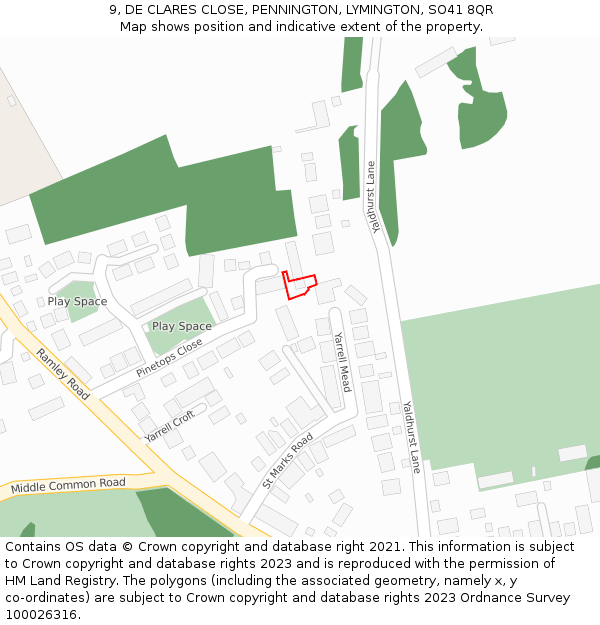 9, DE CLARES CLOSE, PENNINGTON, LYMINGTON, SO41 8QR: Location map and indicative extent of plot