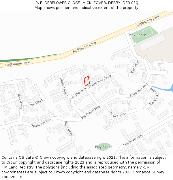 9, ELDERFLOWER CLOSE, MICKLEOVER, DERBY, DE3 0FQ: Location map and indicative extent of plot