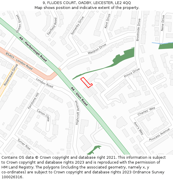 9, FLUDES COURT, OADBY, LEICESTER, LE2 4QQ: Location map and indicative extent of plot
