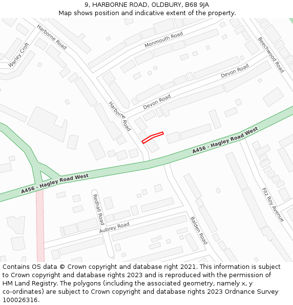 9, HARBORNE ROAD, OLDBURY, B68 9JA: Location map and indicative extent of plot