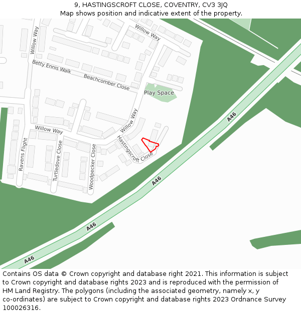 9, HASTINGSCROFT CLOSE, COVENTRY, CV3 3JQ: Location map and indicative extent of plot