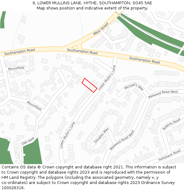9, LOWER MULLINS LANE, HYTHE, SOUTHAMPTON, SO45 5AE: Location map and indicative extent of plot