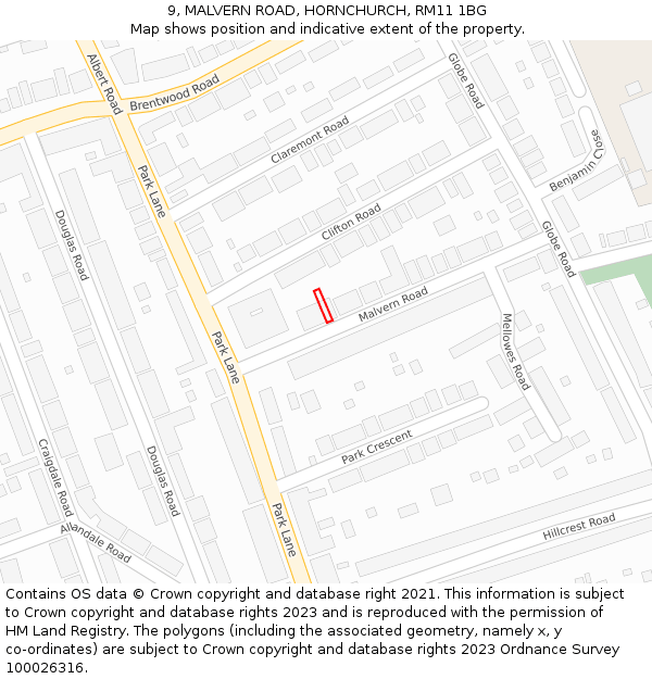 9, MALVERN ROAD, HORNCHURCH, RM11 1BG: Location map and indicative extent of plot