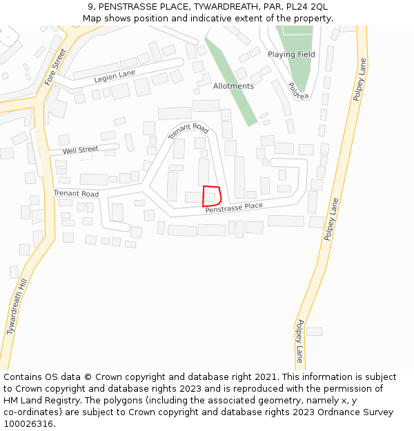 9, PENSTRASSE PLACE, TYWARDREATH, PAR, PL24 2QL: Location map and indicative extent of plot