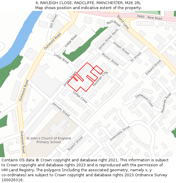 9, RAYLEIGH CLOSE, RADCLIFFE, MANCHESTER, M26 1RL: Location map and indicative extent of plot