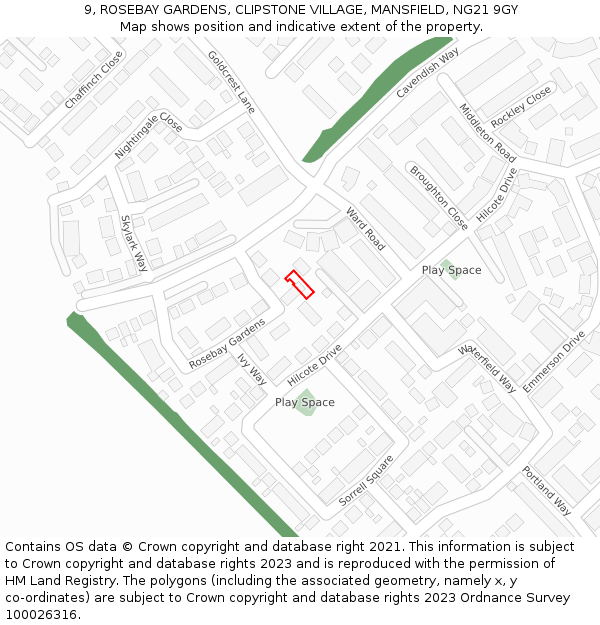 9, ROSEBAY GARDENS, CLIPSTONE VILLAGE, MANSFIELD, NG21 9GY: Location map and indicative extent of plot