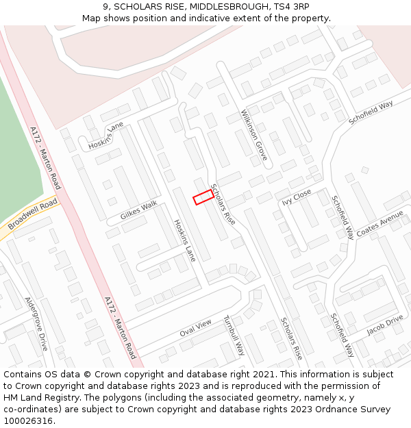 9, SCHOLARS RISE, MIDDLESBROUGH, TS4 3RP: Location map and indicative extent of plot