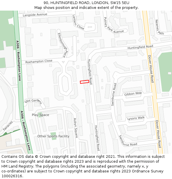 90, HUNTINGFIELD ROAD, LONDON, SW15 5EU: Location map and indicative extent of plot