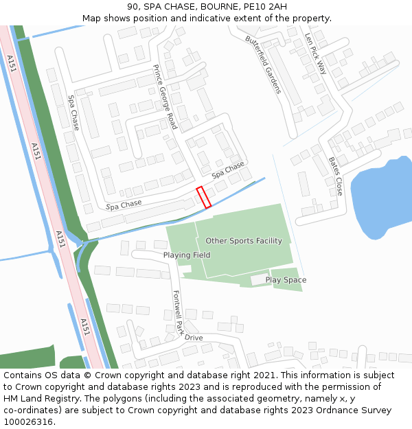 90, SPA CHASE, BOURNE, PE10 2AH: Location map and indicative extent of plot