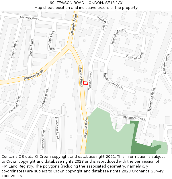 90, TEWSON ROAD, LONDON, SE18 1AY: Location map and indicative extent of plot