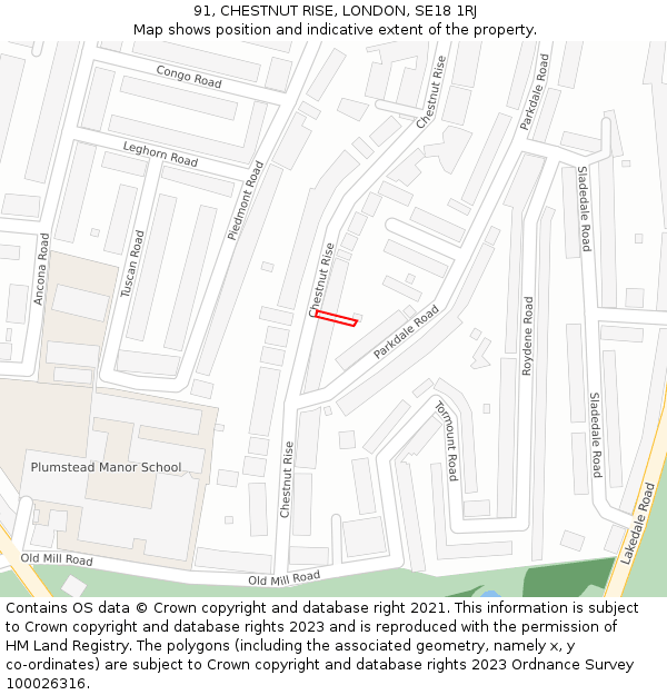 91, CHESTNUT RISE, LONDON, SE18 1RJ: Location map and indicative extent of plot