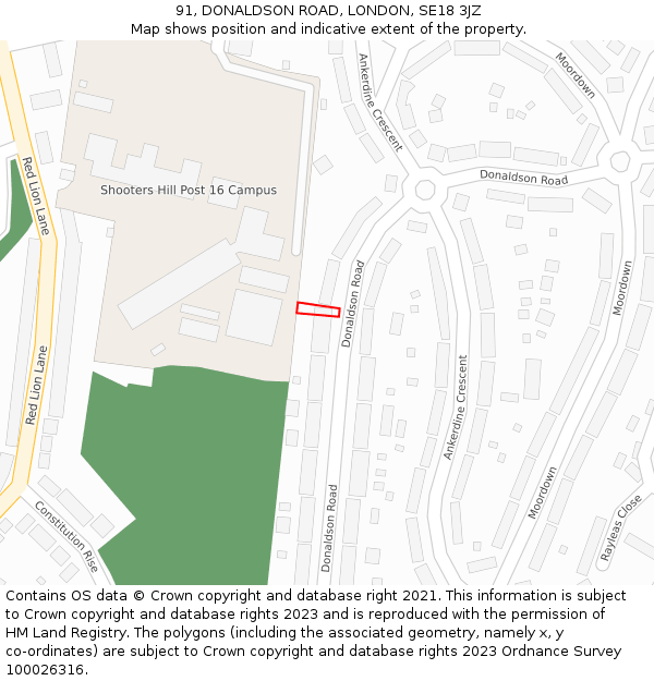 91, DONALDSON ROAD, LONDON, SE18 3JZ: Location map and indicative extent of plot