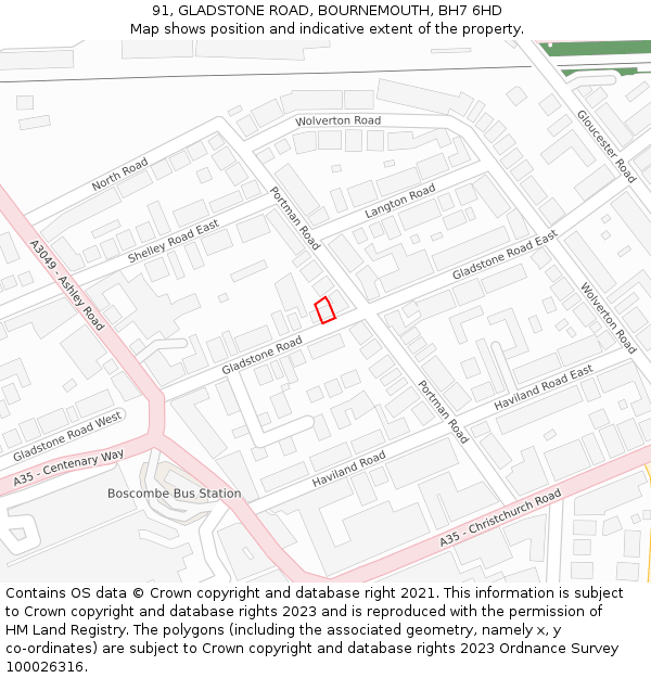 91, GLADSTONE ROAD, BOURNEMOUTH, BH7 6HD: Location map and indicative extent of plot
