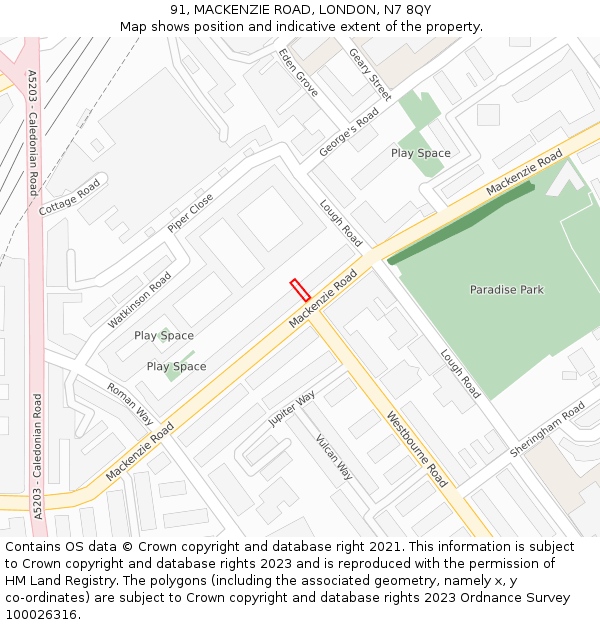 91, MACKENZIE ROAD, LONDON, N7 8QY: Location map and indicative extent of plot