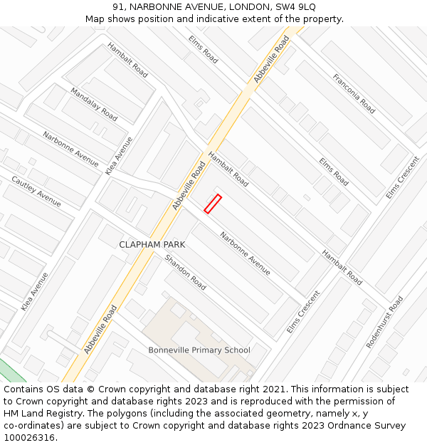 91, NARBONNE AVENUE, LONDON, SW4 9LQ: Location map and indicative extent of plot