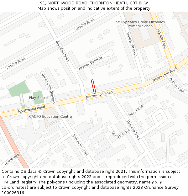91, NORTHWOOD ROAD, THORNTON HEATH, CR7 8HW: Location map and indicative extent of plot