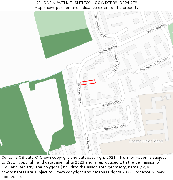 91, SINFIN AVENUE, SHELTON LOCK, DERBY, DE24 9EY: Location map and indicative extent of plot
