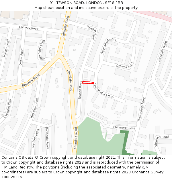 91, TEWSON ROAD, LONDON, SE18 1BB: Location map and indicative extent of plot