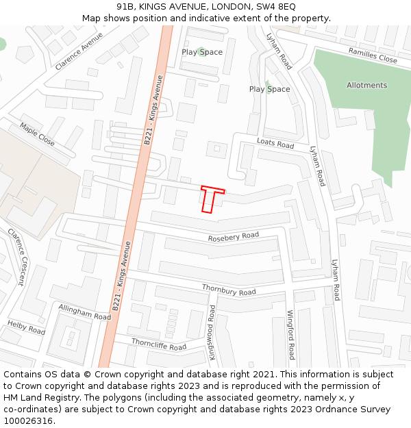 91B, KINGS AVENUE, LONDON, SW4 8EQ: Location map and indicative extent of plot