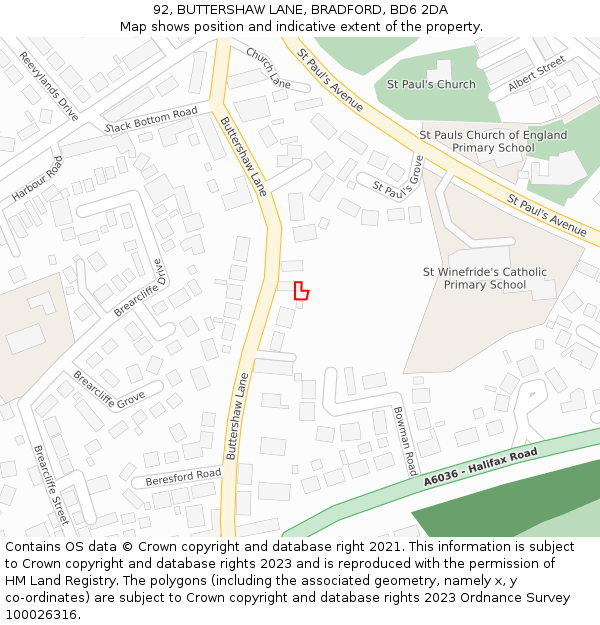 92, BUTTERSHAW LANE, BRADFORD, BD6 2DA: Location map and indicative extent of plot